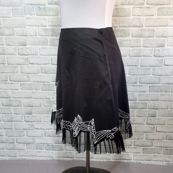 Vintage 90s Cache Womens 6 Black Skirt Beaded Sequin Floral Tulle Trim Aline - Picture 4 of 7